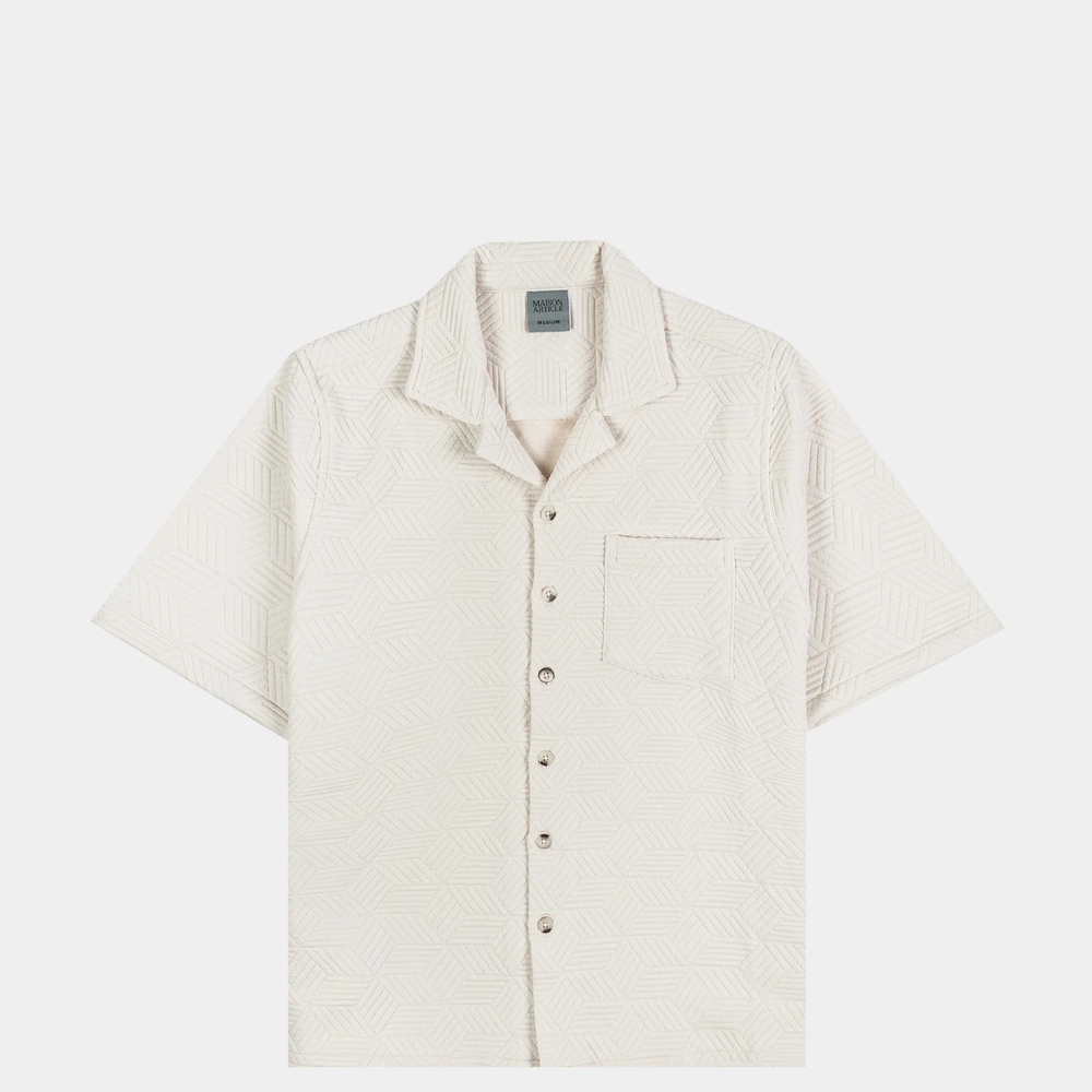 Maison Article Mens Tan Jacquard Knit Button Up Short Sleeve